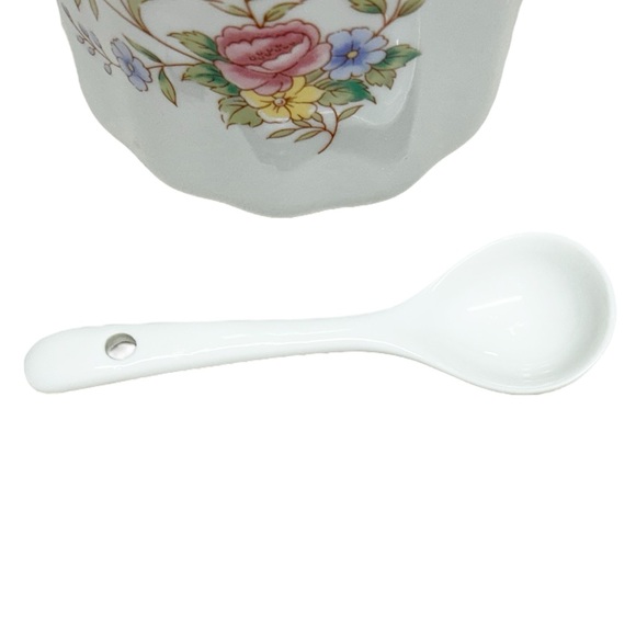 Vintage FTD White Floral Ceramic Sugar Coffee Tea Canister Jar with Spoon & Lid - Picture 7 of 10